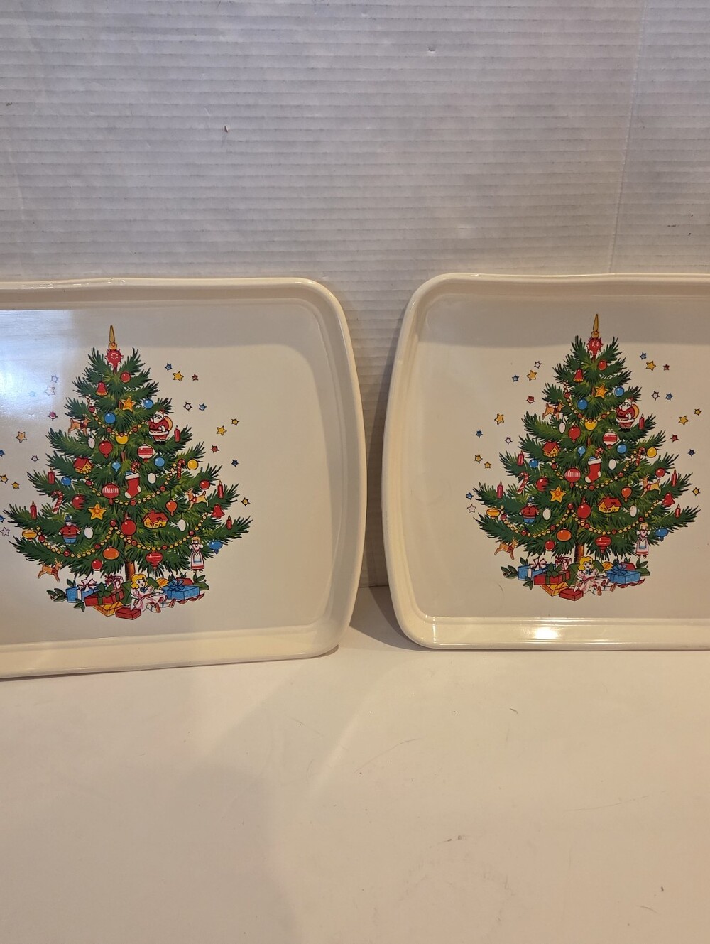 Vintage 2 Christmas tree serving tray plate White Plastic 60s 70s home decor